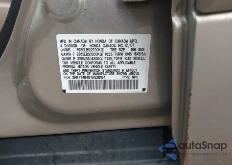 2007 Honda Pilot Ex from USA, damaged, VIN 2HKYF18467H528184